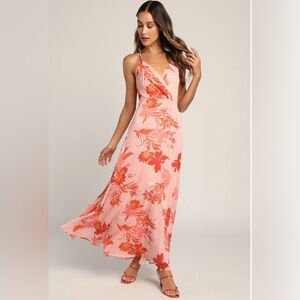 Lulus feel the vibe pink floral print sleeveless lace-up maxi dress